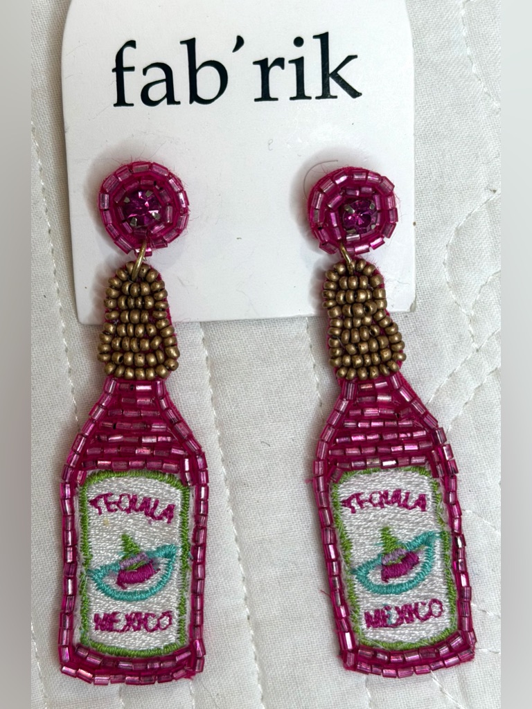 Tequila Mexico Bottle Pink Beaded Design Fab’rik Earrings Dangle Statement New